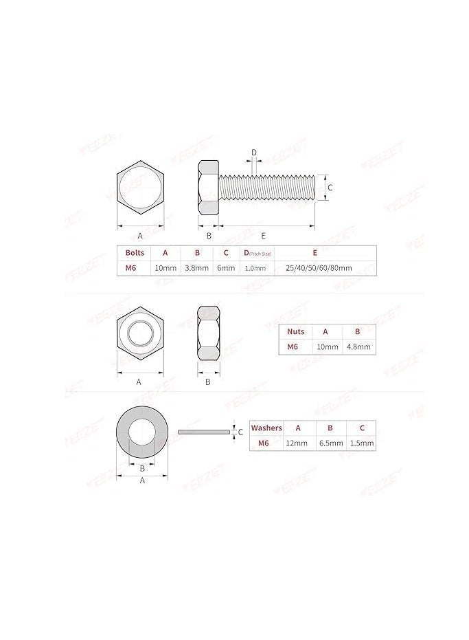 FengSVMA 80pcs M6 Stainless Steel Hex Head Screws Bolts and Nuts Flat & Lock Washers Assortment Kit, 304 Stainless Steel 18-8,Fully Machine Thread 25mm 40mm 50mm 60mm 80mm - Image 3